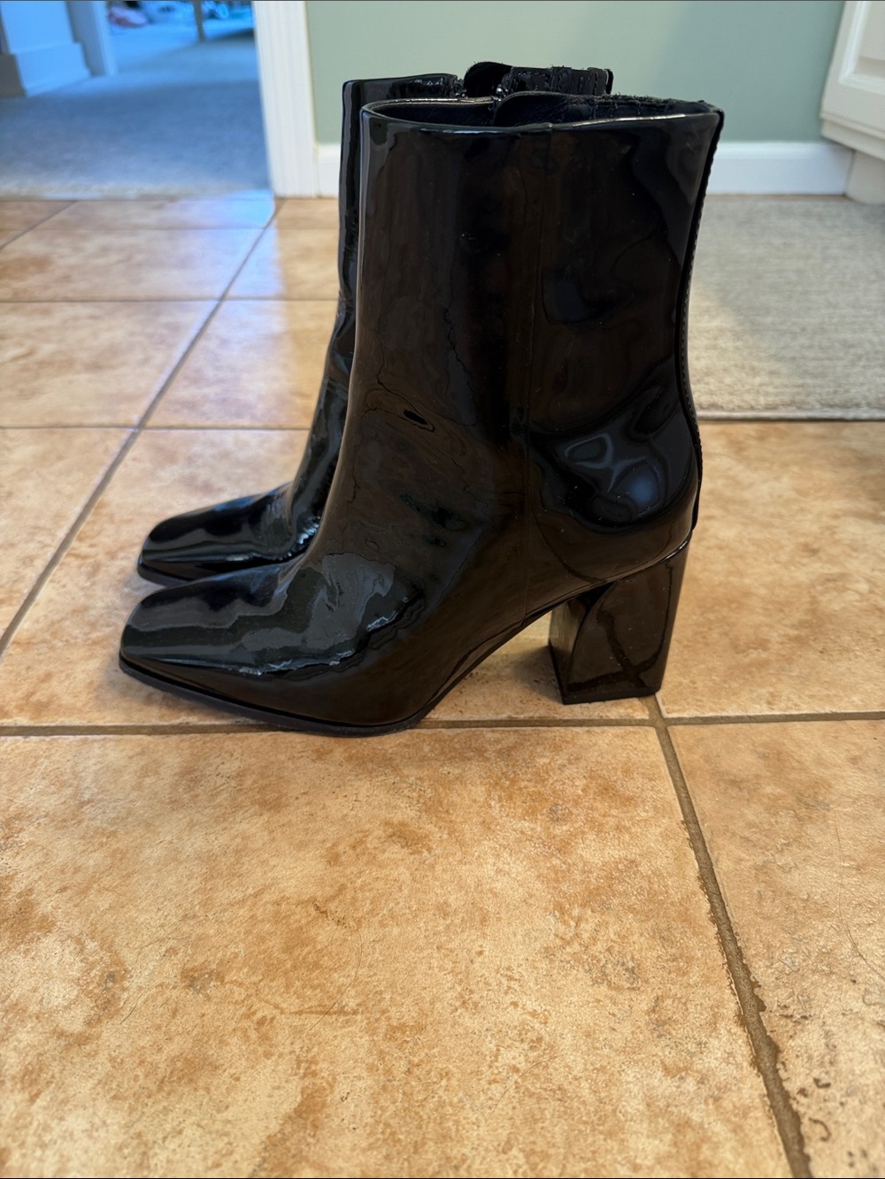 PAIGE Black Patent Leather Square Toe Block Heel Booties